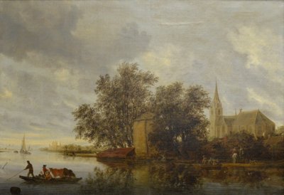 Riverbank with a Church by Salomon van Ruisdael or Ruysdael